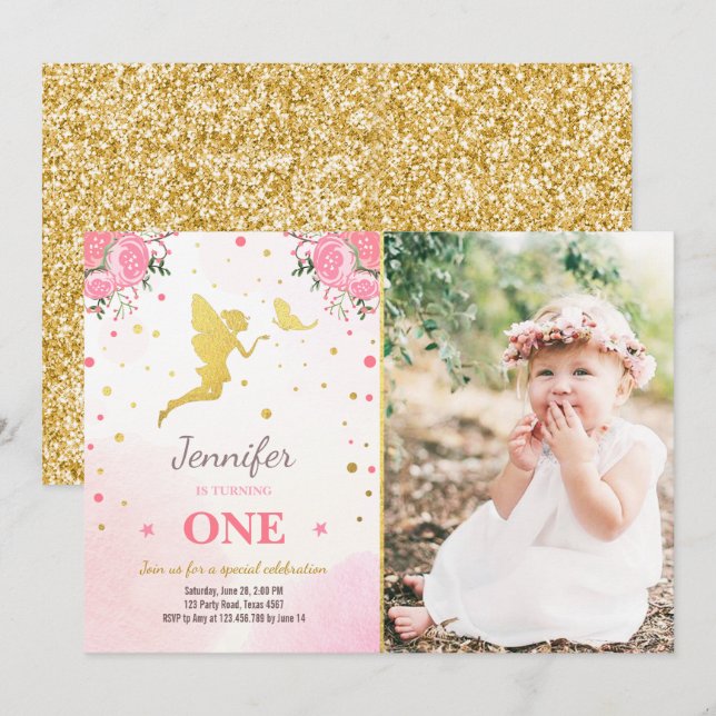 Fairy Birthday Invite Pink Gold Magical Whimsical (Front/Back)