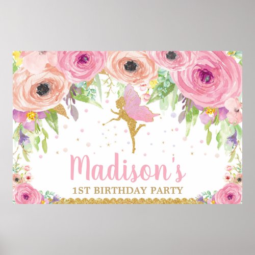 Fairy Birthday Party Backdrop Banner Pink Floral Poster