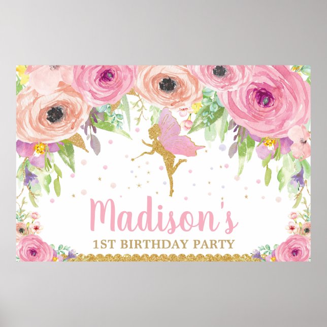 Fairy Birthday Party Backdrop Banner Pink Floral Poster (Front)