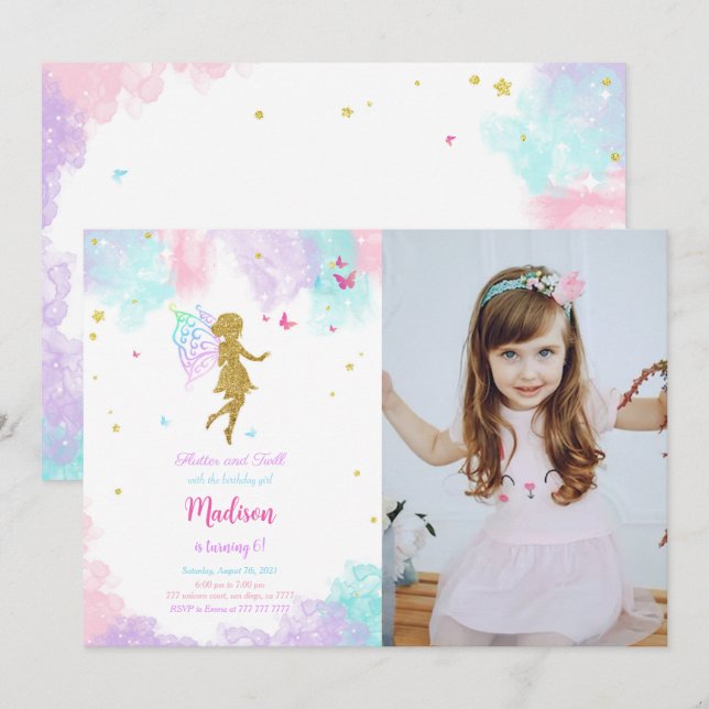 Fairy Birthday Party Invitation with Photo (Front/Back)