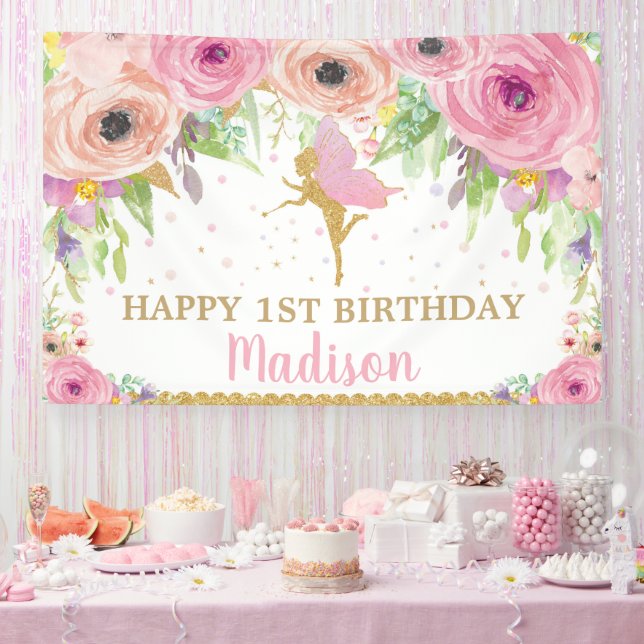 Fairy Birthday Party Pink Floral Welcome Backdrop Banner (Party)
