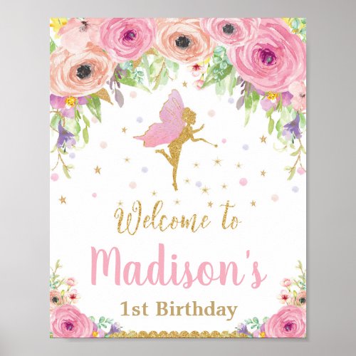 Fairy Birthday Party Welcome Sign Pink Floral Girl