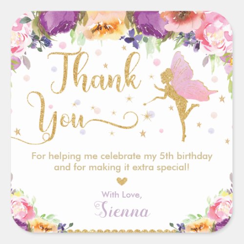 Fairy Birthday Pink Purple Floral Thank You Favor Square Sticker