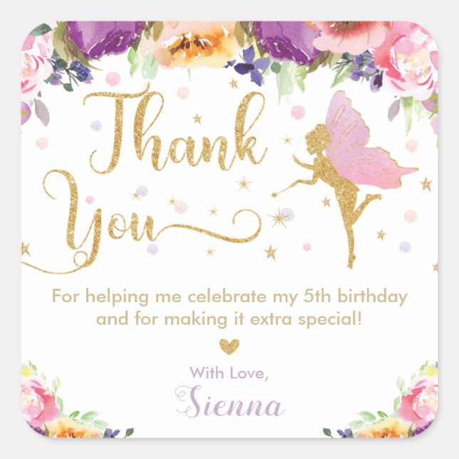 Fairy Birthday Pink Purple Floral Thank You Favor Square Sticker (Front)