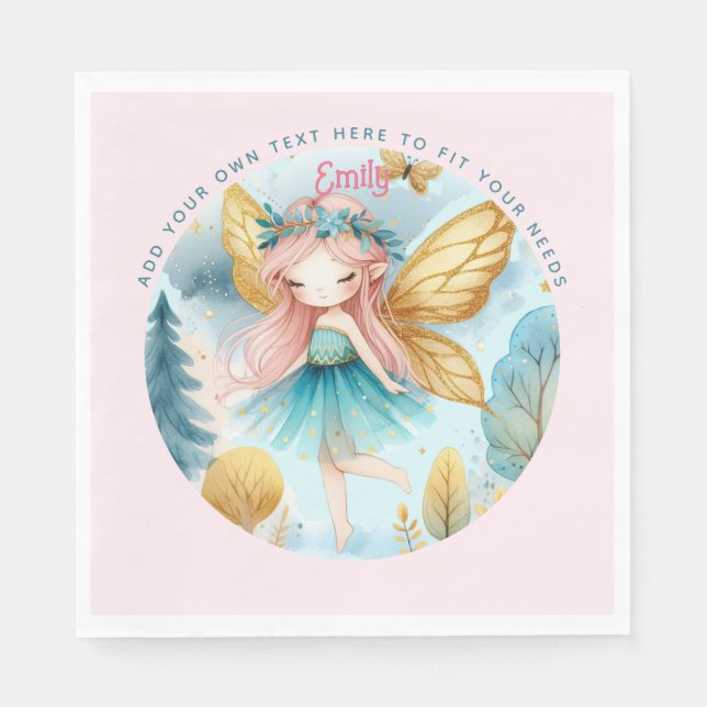 Fairy Birthday Teal Gold Pink Princess Fairytale Napkins (Front)