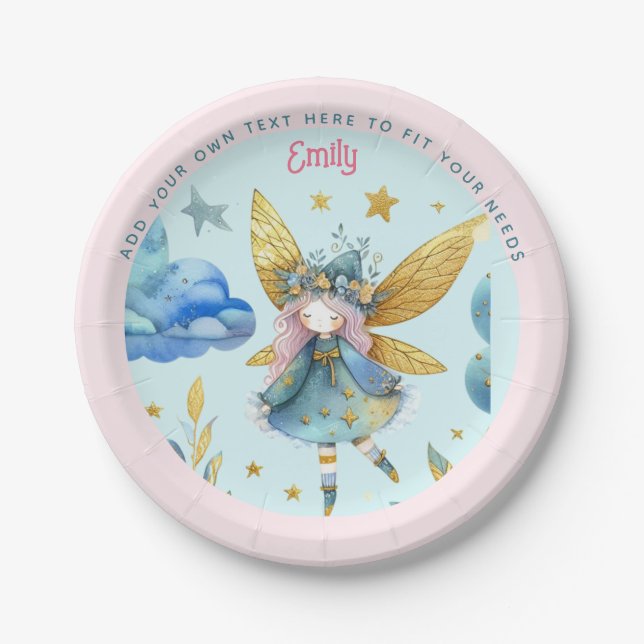 Fairy Birthday Teal Gold Pink Princess Fairytale Paper Plates (Front)