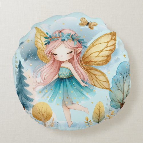 Fairy Birthday Teal Gold Pink Princess Fairytale Round Pillow