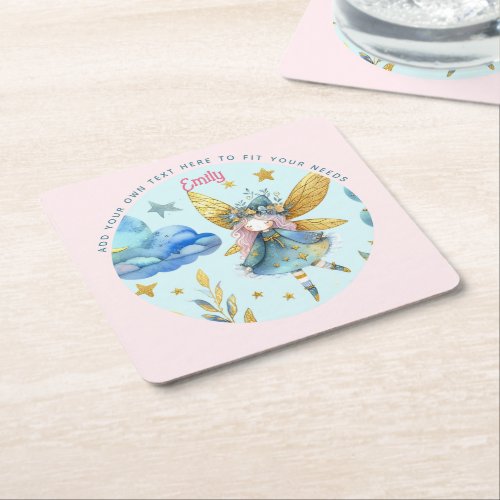 Fairy Birthday Teal Gold Pink Princess Fairytale Square Paper Coaster