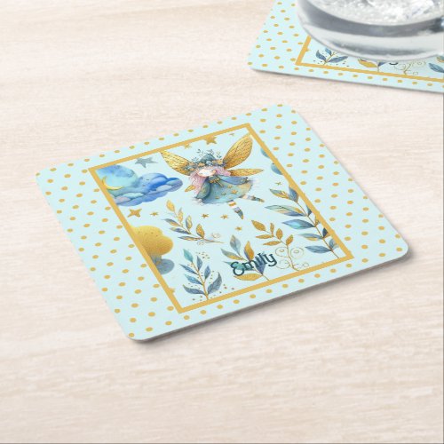 Fairy Birthday Teal Gold Pink Princess Fairytale Square Paper Coaster