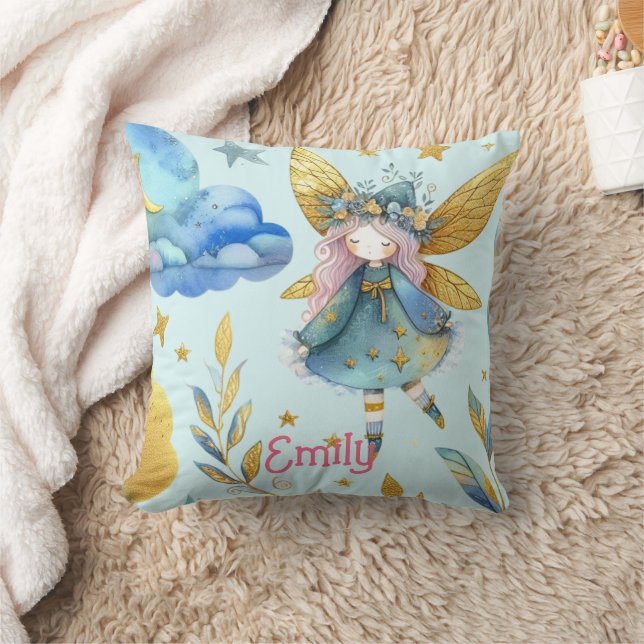 Fairy Birthday Teal Gold Pink Princess Fairytale Throw Pillow (Blanket)