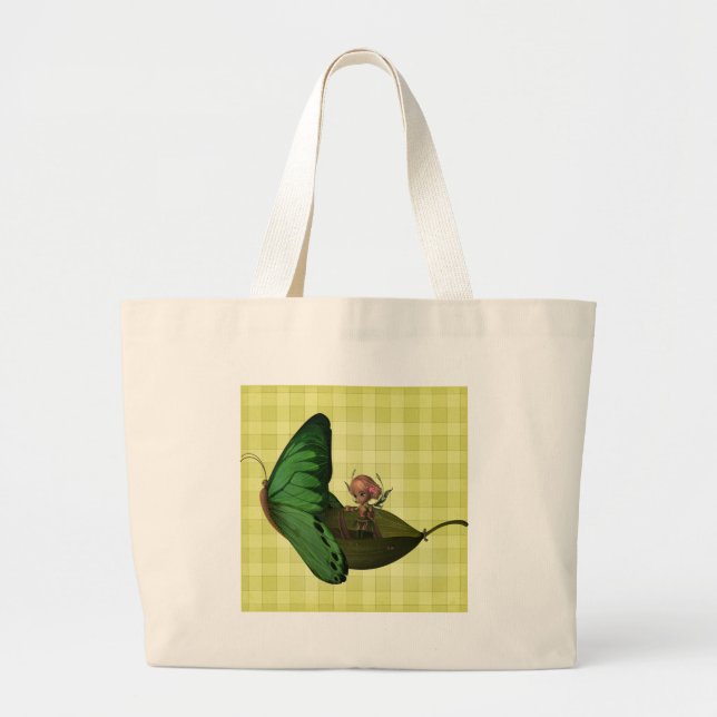 Fairy Boat Yellow Checks Large Tote Bag (Front)