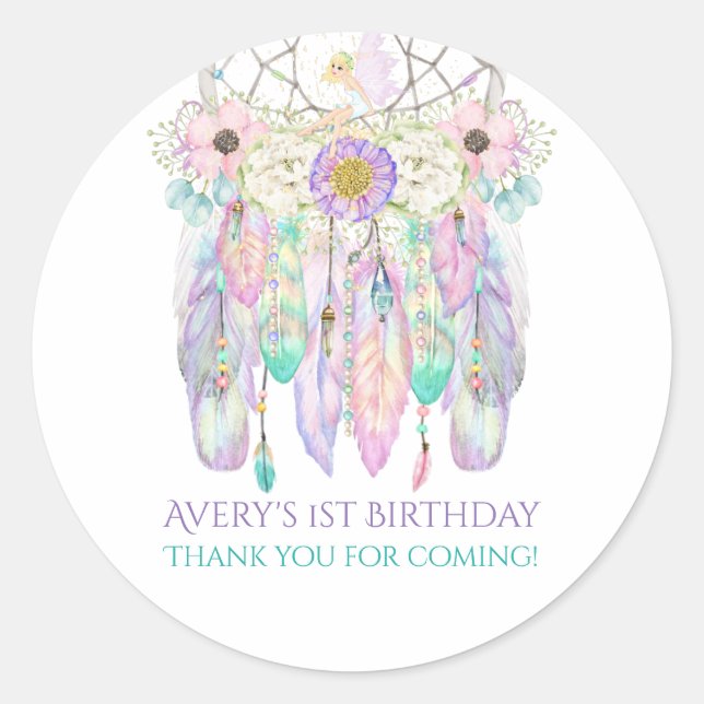 Fairy Boho Dream Catcher Pastels Feathers Classic Round Sticker (Front)