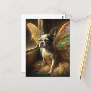 Fairy Boston Terrier on a Vintage Train Postcard