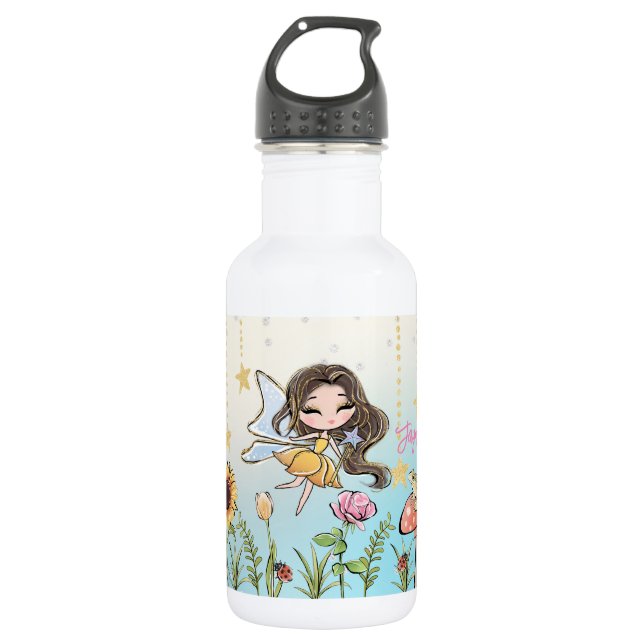 Fairy Brown Hair Girl Custom Name Kids Small Stainless Steel Water Bottle (Front)