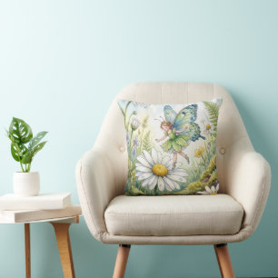 Fairy Butterfly In a Daisy Garden Throw Pillow