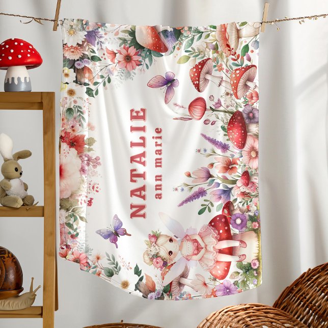 Fairy Butterfly & Mushroom Garden Floral Monogram Baby Blanket (The perfect gift for new baby girl— a personalized name fairycore baby blanket!)