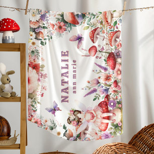 Fairy Butterfly & Mushroom Garden Floral Monogram Baby Blanket