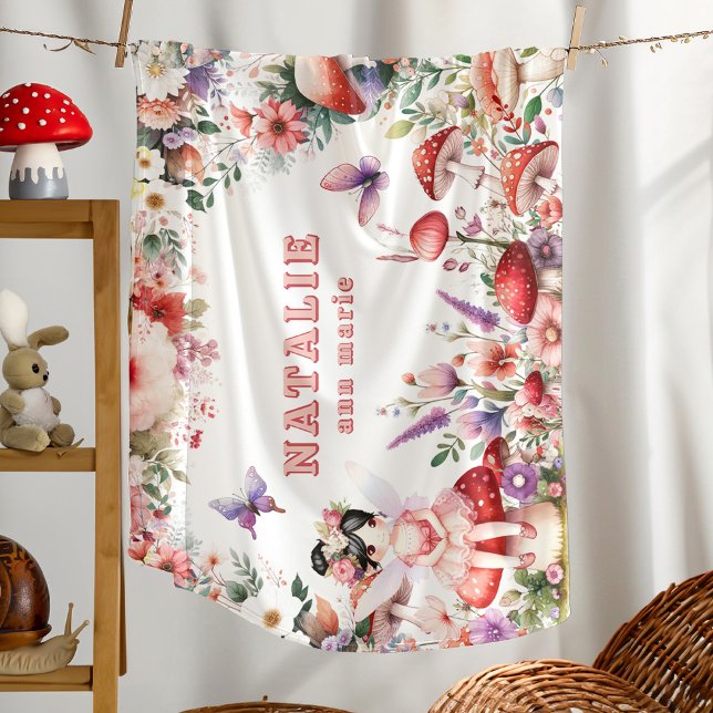 Fairy Butterfly & Mushroom Garden Floral Monogram Baby Blanket (The perfect gift for new baby girl— a personalized name fairycore baby blanket!)