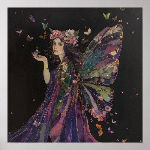 Fairy Butterfly Woman Purple on Black Art Matte Poster