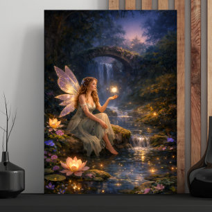 Fairy by the glowing stream faux canvas print