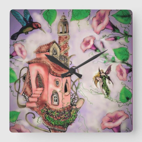 Fairy Castle with Hummingbird   Square Wall Clock