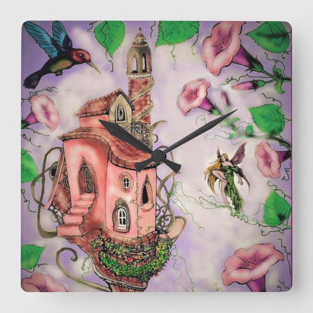 Fairy Castle with Hummingbird   Square Wall Clock (Front)