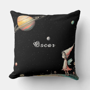 Fairy Contemplating Space with Planets Throw Pillow