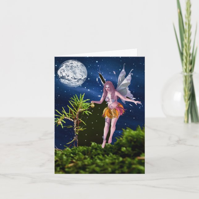Fairy Decorating a Tree by Moonlight Holiday Card (Front)