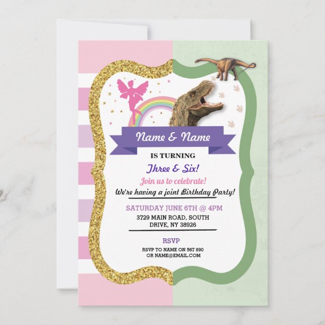  Fairy & Dinosaur Joint Boy Girl Birthday  Invitation (Front)