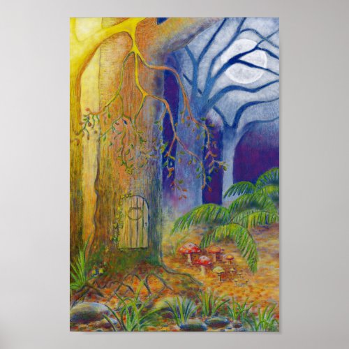 Fairy door and toadstools in enchanted forest poster