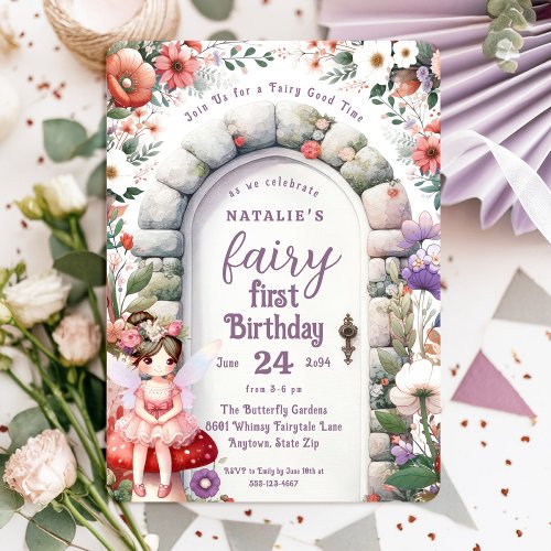 Fairy Door Brown Hair Fairy First Birthday Party Invitation