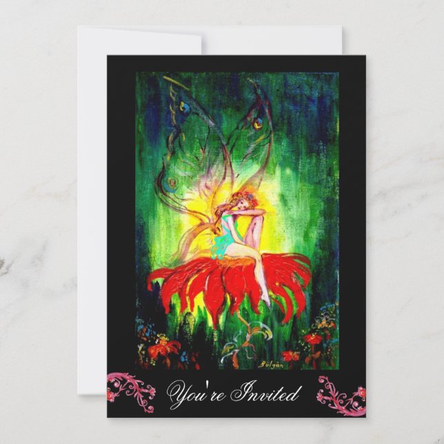 FAIRY DREAMING ON A RED FLOWER black yellow green Invitation (Front)