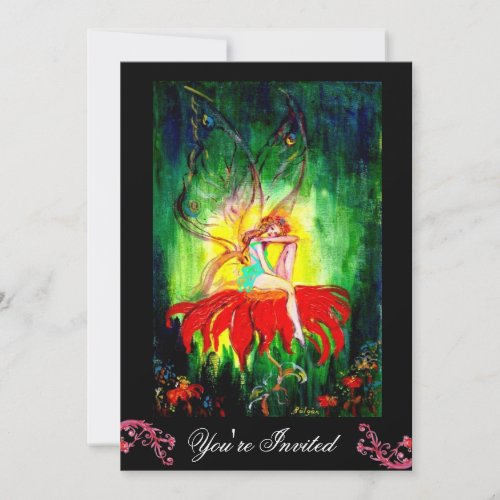 FAIRY DREAMING ON A RED FLOWER black yellow green Invitation