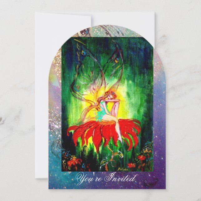 FAIRY DREAMING ON A RED FLOWER blue yellow,green Invitation (Front)