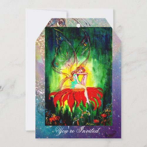 FAIRY DREAMING ON A RED FLOWER blue yellowgreen Invitation