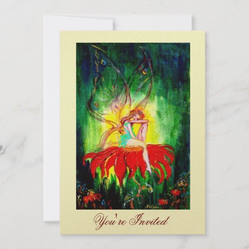 FAIRY DREAMING ON A RED FLOWER gold yellow green Invitation