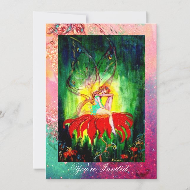 FAIRY DREAMING ON A RED FLOWER pink yellow green Invitation (Front)