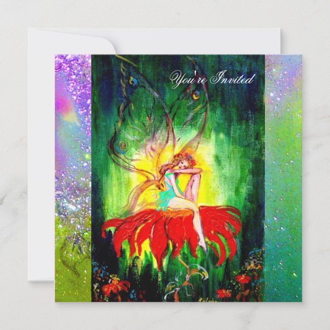 FAIRY DREAMING ON A RED FLOWER purple yellow,green Invitation (Front)