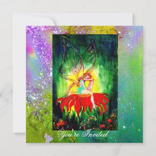 FAIRY DREAMING ON A RED FLOWER purple yellowgreen Invitation