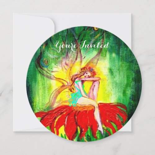 FAIRY DREAMING ON A RED FLOWER Red Green Yellow Invitation