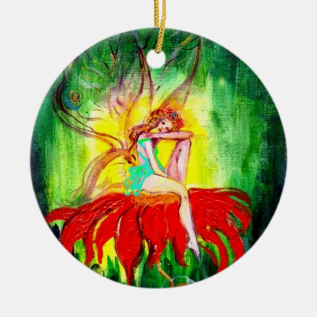 FAIRY DREAMING ON A RED FLOWER ,VIBRANT RUBY CERAMIC ORNAMENT (Front)