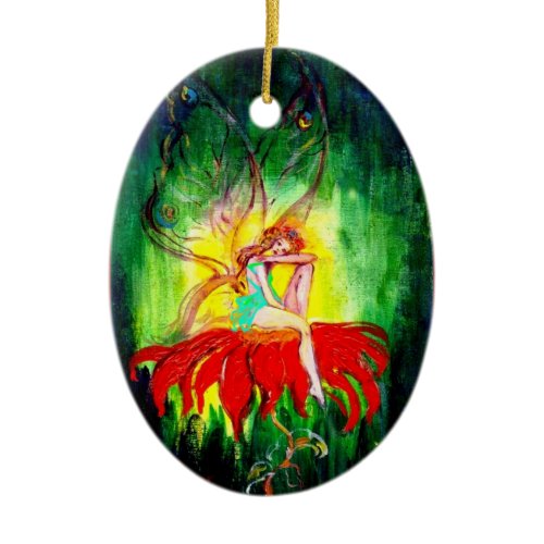 FAIRY DREAMING ON A RED FLOWER ,VIBRANT RUBY CERAMIC ORNAMENT
