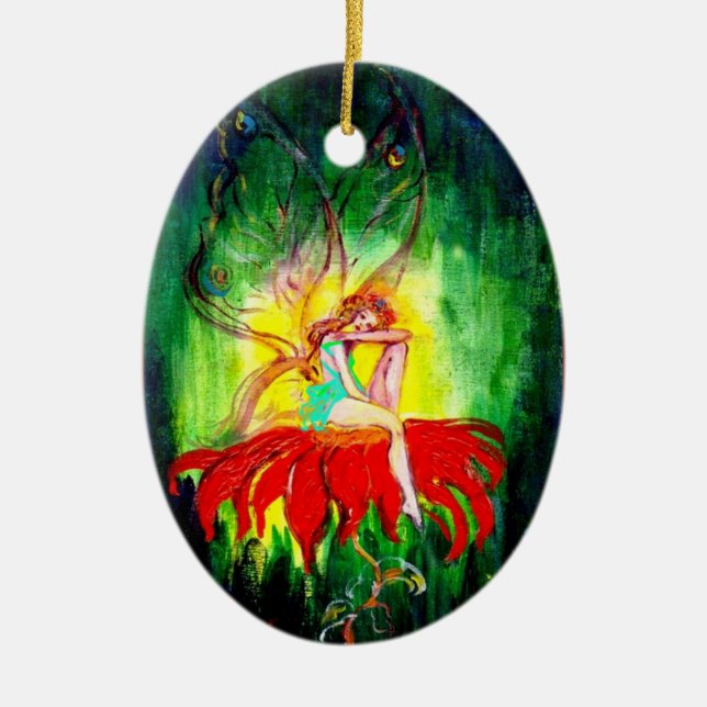 FAIRY DREAMING ON A RED FLOWER ,VIBRANT RUBY CERAMIC ORNAMENT (Front)