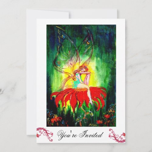 FAIRY DREAMING ON A RED FLOWER white yellow green Invitation