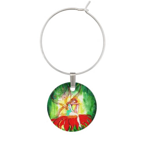 FAIRY DREAMING ON A RED FLOWER WINE GLASS CHARM