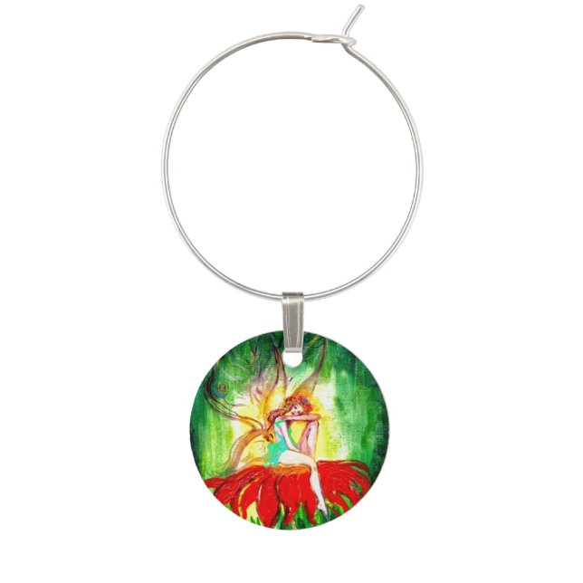 FAIRY DREAMING ON A RED FLOWER WINE GLASS CHARM (Front)