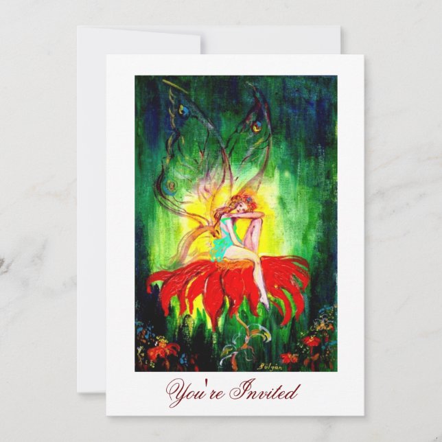 FAIRY DREAMING ON A RED FLOWER yellow green Invitation (Front)