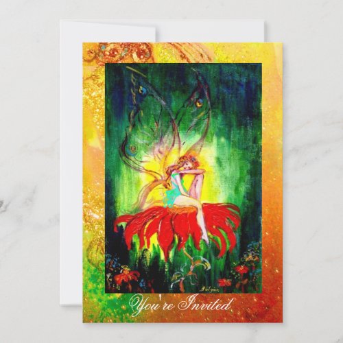 FAIRY DREAMING ON A RED FLOWER  yellow green Invitation