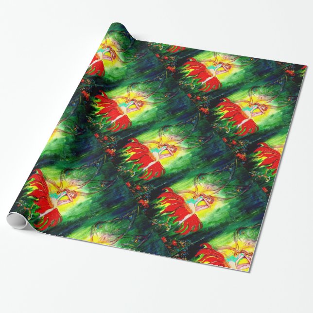FAIRY DREAMING ON RED FLOWER Green Yellow Fantasy Wrapping Paper (Unrolled)