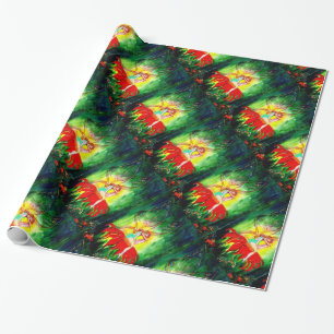 FAIRY DREAMING ON RED FLOWER Green Yellow Fantasy Wrapping Paper